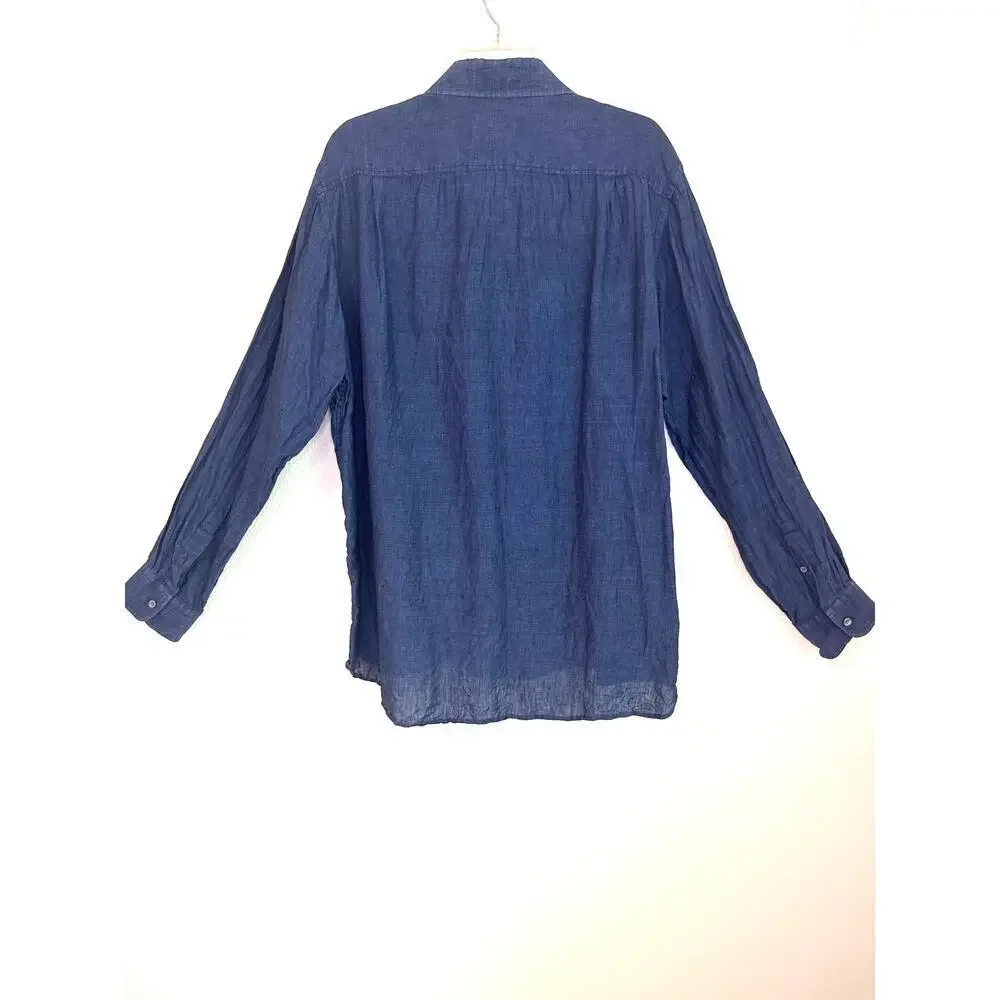 Hickey Freeman Men's Long Sleeve Dark Blue 100% Linen Button Up Shirt Size Large - Picture 2 of 10